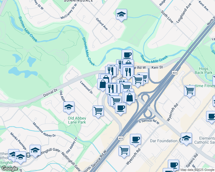 map of restaurants, bars, coffee shops, grocery stores, and more near 247 North Service Road West in Oakville