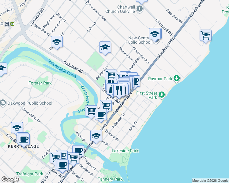 map of restaurants, bars, coffee shops, grocery stores, and more near 299 Randall Street in Oakville