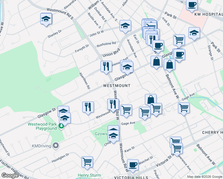 map of restaurants, bars, coffee shops, grocery stores, and more near 405 Glasgow Street in Kitchener