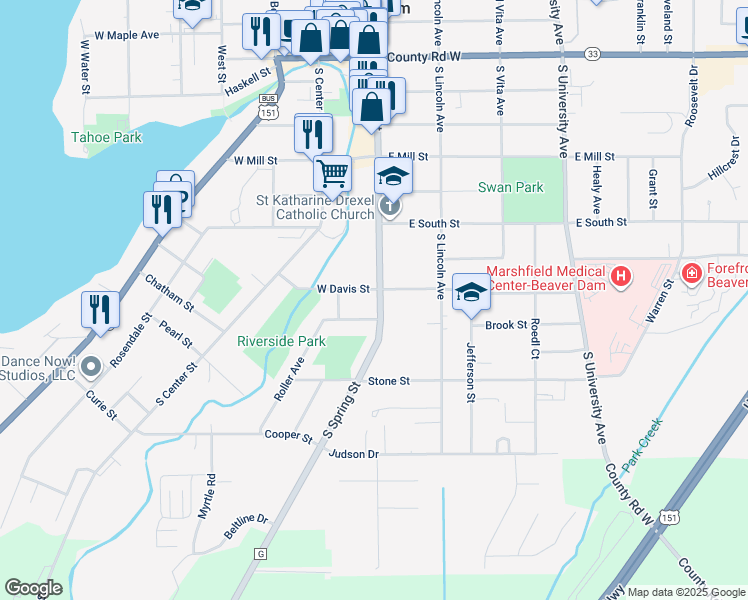 map of restaurants, bars, coffee shops, grocery stores, and more near 704 South Spring Street in Beaver Dam