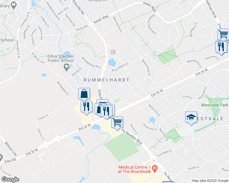 map of restaurants, bars, coffee shops, grocery stores, and more near 585 Pinerow Court in Waterloo