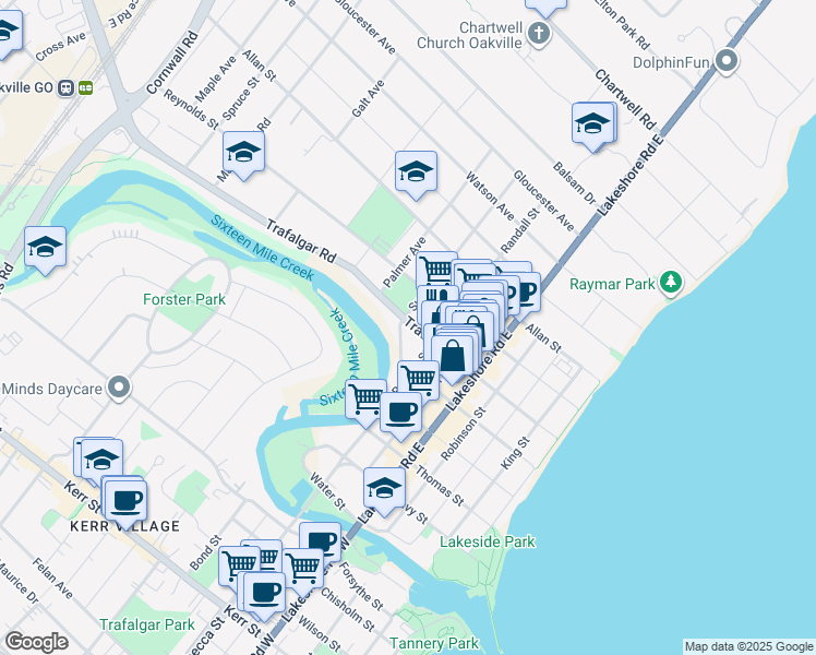 map of restaurants, bars, coffee shops, grocery stores, and more near 180 Dunn Street in Oakville