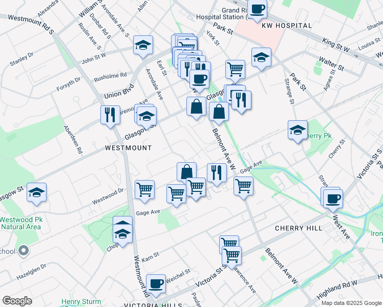 map of restaurants, bars, coffee shops, grocery stores, and more near 33 Balmoral Drive in Kitchener