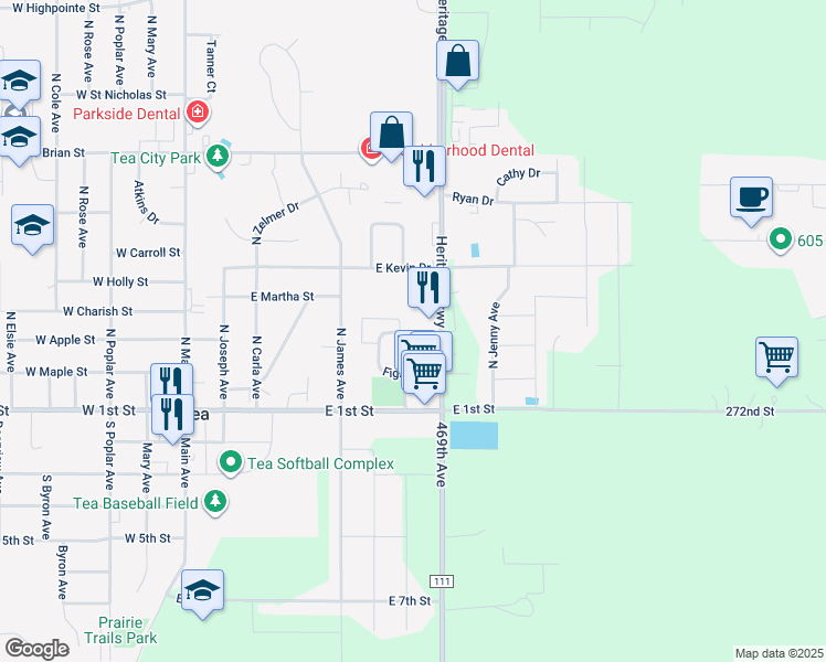 map of restaurants, bars, coffee shops, grocery stores, and more near 700 Figzel Court in Tea