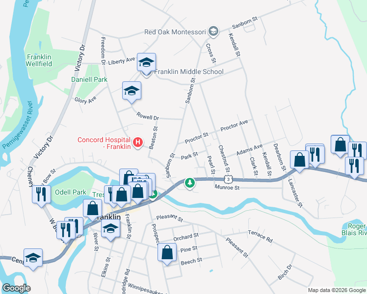 map of restaurants, bars, coffee shops, grocery stores, and more near 49 Madison Street in Franklin