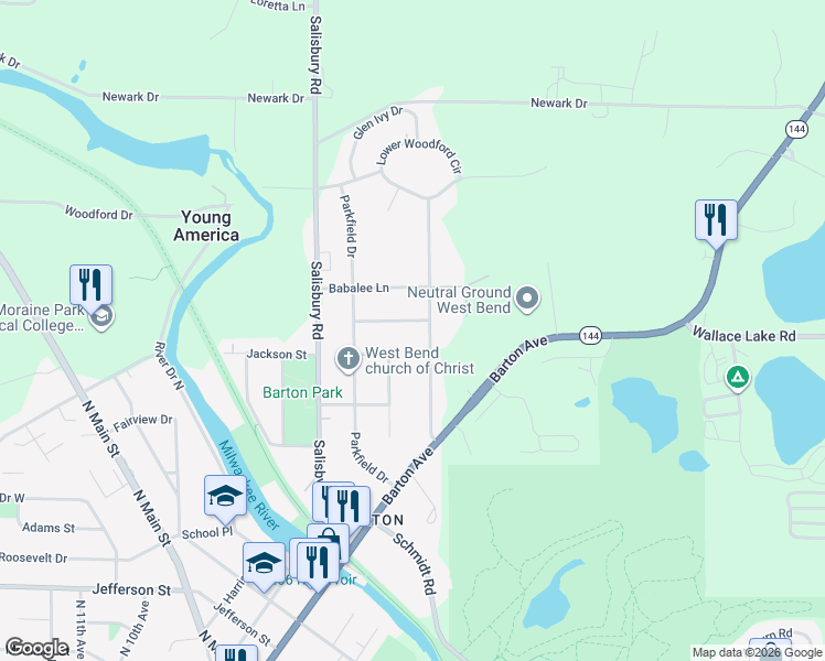 map of restaurants, bars, coffee shops, grocery stores, and more near 2302 Skyline Drive in West Bend
