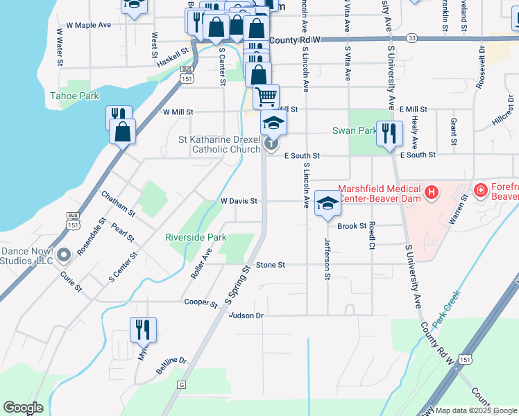 map of restaurants, bars, coffee shops, grocery stores, and more near 704 South Spring Street in Beaver Dam