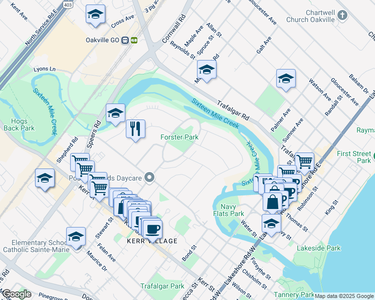 map of restaurants, bars, coffee shops, grocery stores, and more near South Forster Park Drive in Oakville