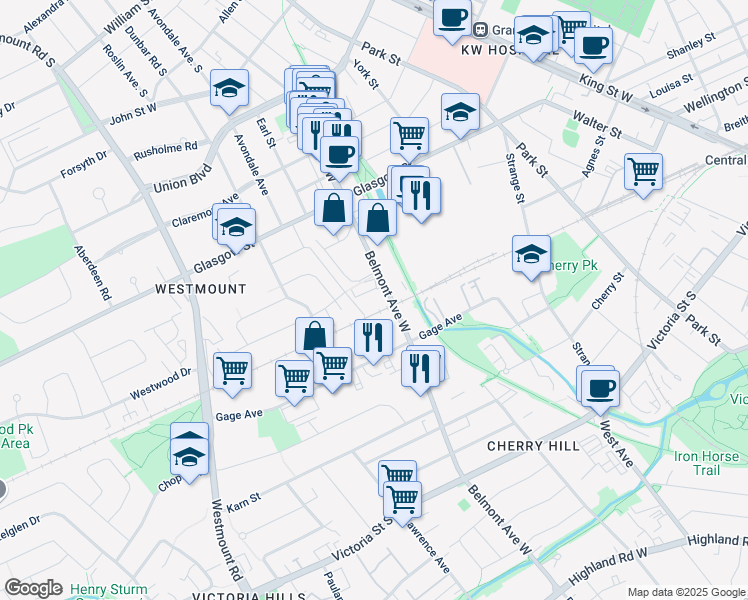 map of restaurants, bars, coffee shops, grocery stores, and more near 535 Belmont Avenue West in Kitchener