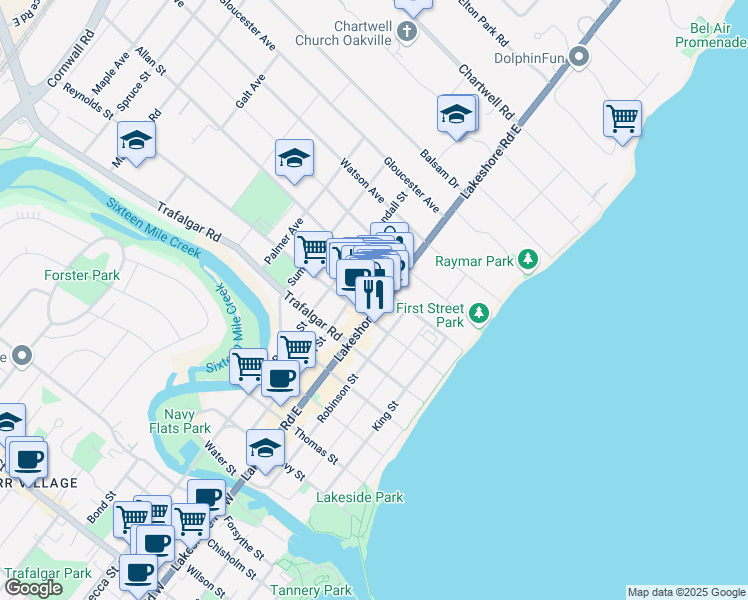 map of restaurants, bars, coffee shops, grocery stores, and more near 345 Lakeshore Road East in Oakville