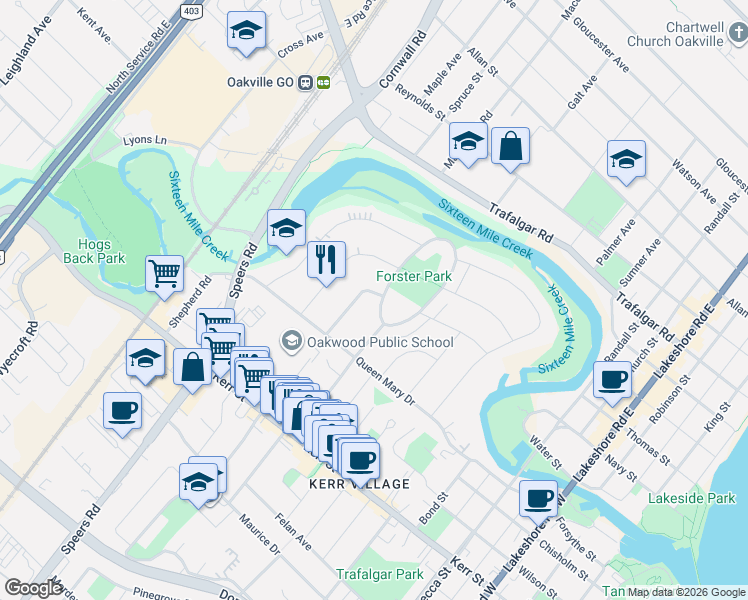 map of restaurants, bars, coffee shops, grocery stores, and more near 68 Glenmanor Drive in Oakville