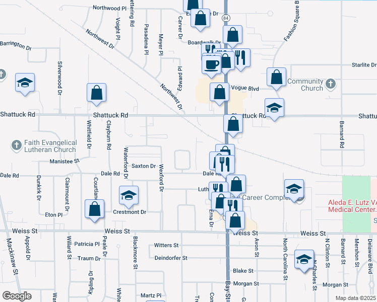 map of restaurants, bars, coffee shops, grocery stores, and more near 99 Beffrey Drive in Saginaw
