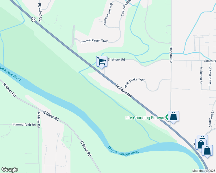 map of restaurants, bars, coffee shops, grocery stores, and more near 2855 Midland Road in Saginaw