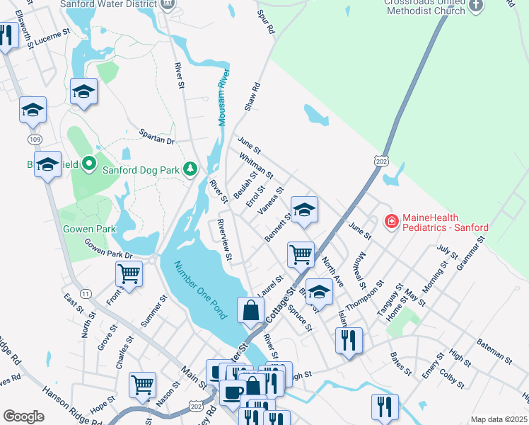 map of restaurants, bars, coffee shops, grocery stores, and more near 16 Vaness Street in Sanford