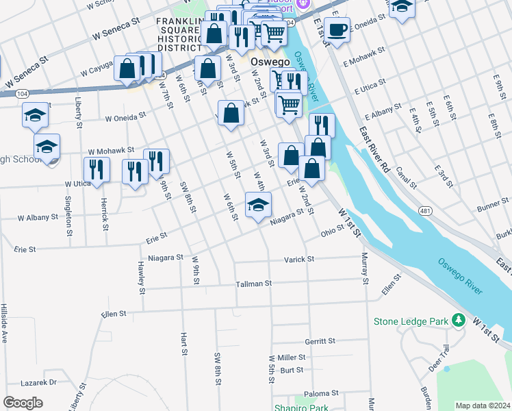 map of restaurants, bars, coffee shops, grocery stores, and more near 250 West 5th Street in Oswego