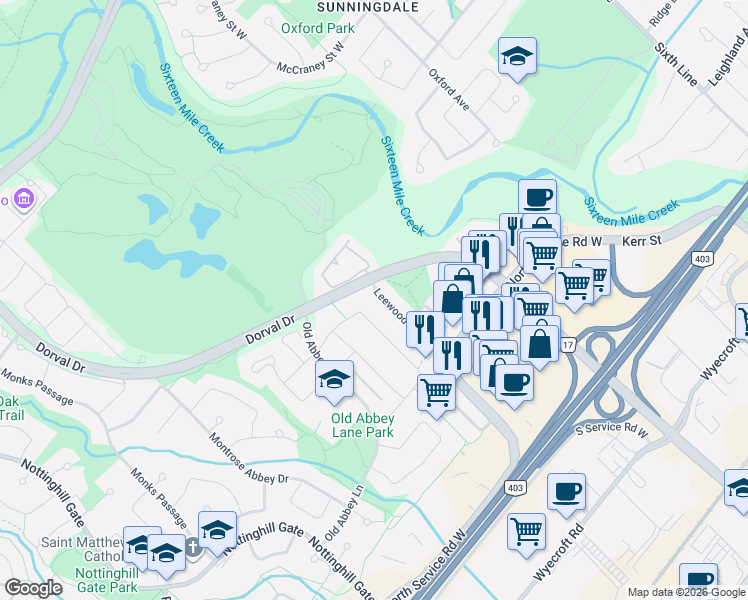 map of restaurants, bars, coffee shops, grocery stores, and more near 1216 Leewood Drive in Oakville