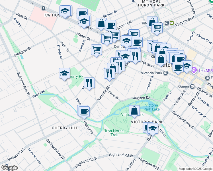 map of restaurants, bars, coffee shops, grocery stores, and more near in Kitchener