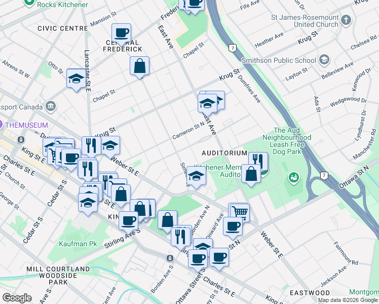 map of restaurants, bars, coffee shops, grocery stores, and more near 227 Lydia Street in Kitchener