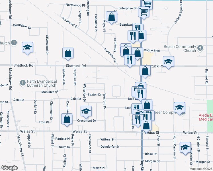 map of restaurants, bars, coffee shops, grocery stores, and more near 2920 Wexford Drive in Saginaw