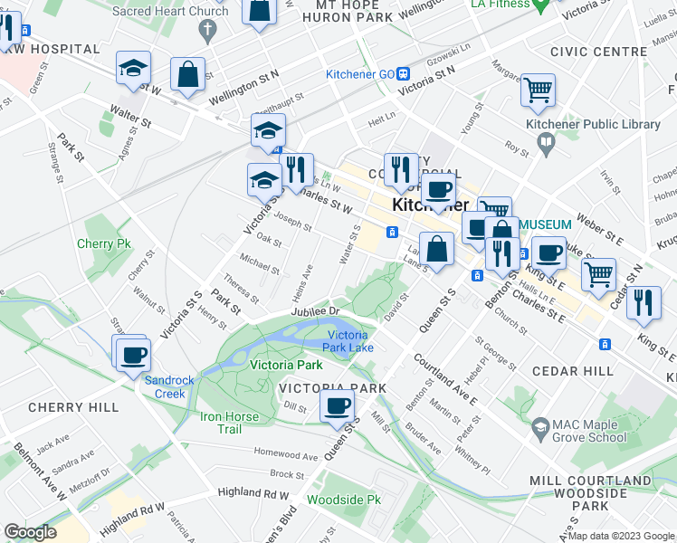 map of restaurants, bars, coffee shops, grocery stores, and more near 100 Water St S in Kitchener