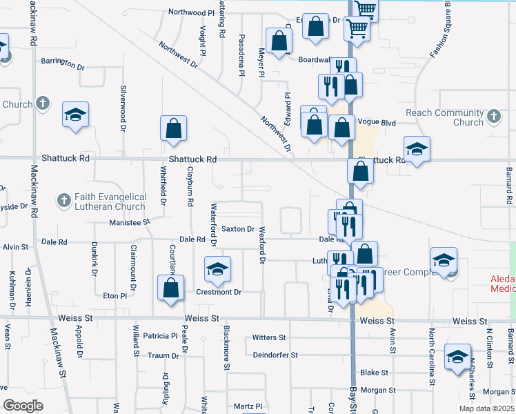 map of restaurants, bars, coffee shops, grocery stores, and more near 2920 Wexford Drive in Saginaw