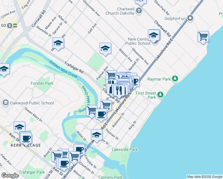 map of restaurants, bars, coffee shops, grocery stores, and more near 299 Randall Street in Oakville