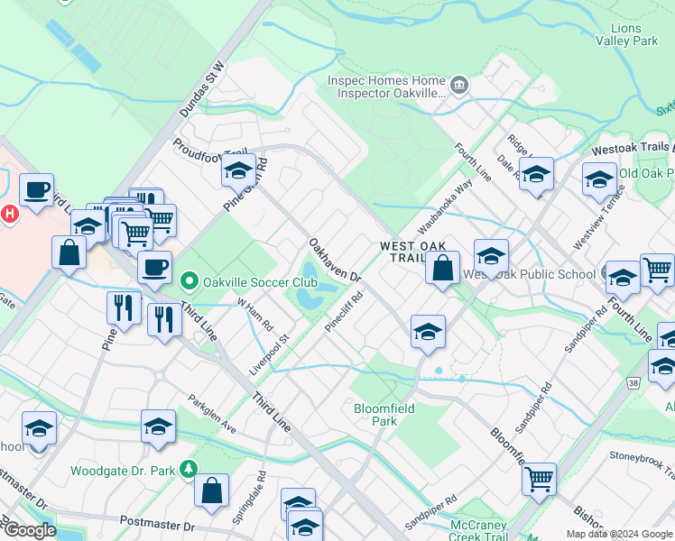 map of restaurants, bars, coffee shops, grocery stores, and more near Oakhaven Drive in Oakville