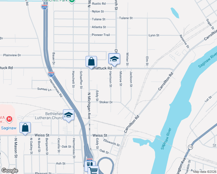 map of restaurants, bars, coffee shops, grocery stores, and more near 2981 Harrison Street in Saginaw