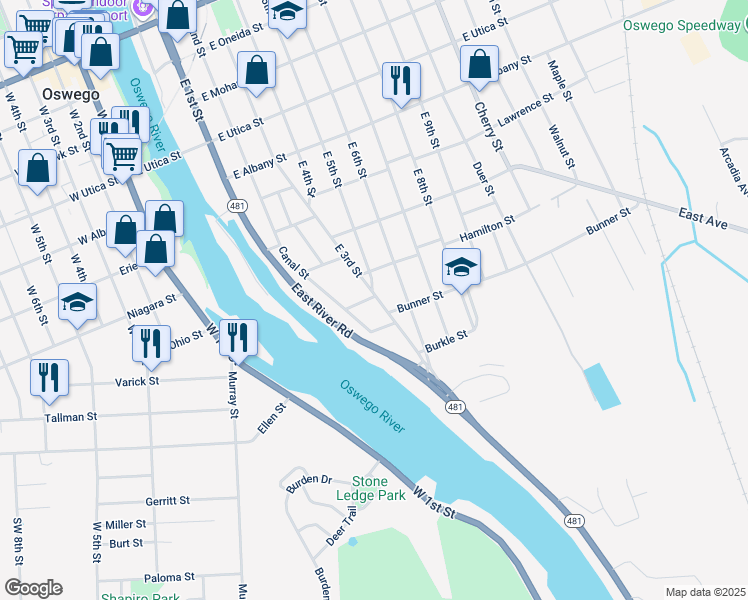 map of restaurants, bars, coffee shops, grocery stores, and more near 250 Syracuse Avenue in Oswego