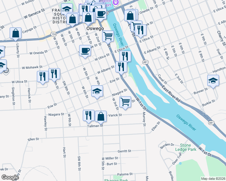 map of restaurants, bars, coffee shops, grocery stores, and more near 259 West 3rd Street in Oswego