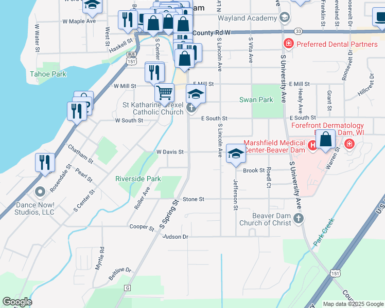map of restaurants, bars, coffee shops, grocery stores, and more near 109 1/2 East Davis Street in Beaver Dam
