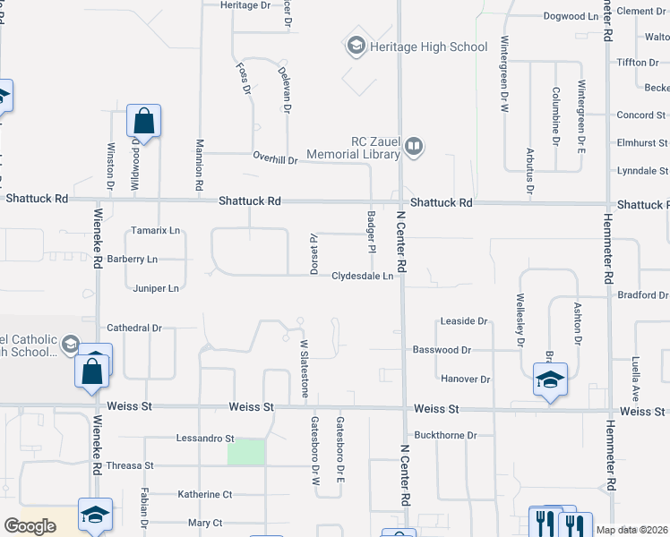 map of restaurants, bars, coffee shops, grocery stores, and more near 5144 Clydesdale Lane in Saginaw