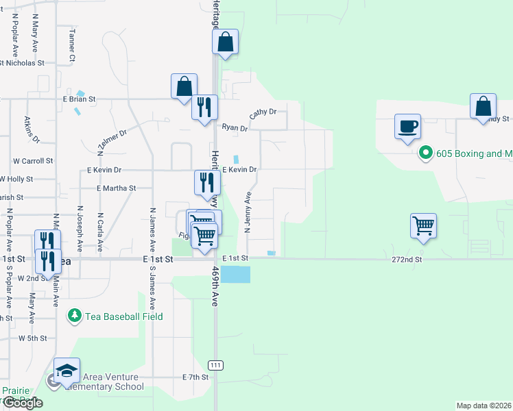 map of restaurants, bars, coffee shops, grocery stores, and more near 931-939 Kevin Dr in Tea