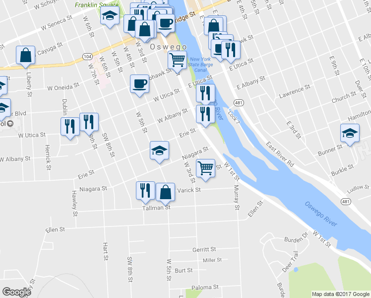 map of restaurants, bars, coffee shops, grocery stores, and more near 259 West 3rd Street in Oswego
