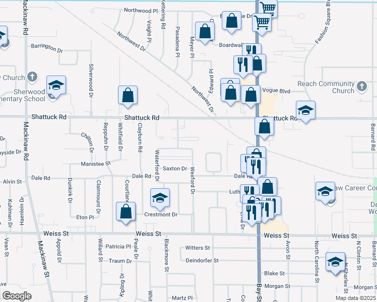 map of restaurants, bars, coffee shops, grocery stores, and more near 2920 N Wexford Dr in Saginaw Charter Township