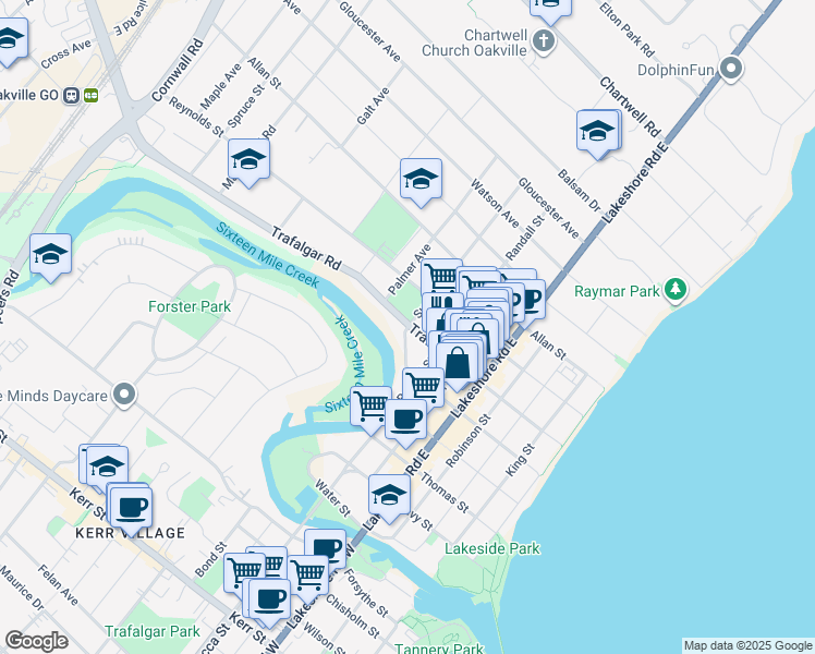 map of restaurants, bars, coffee shops, grocery stores, and more near 180 Dunn Street in Oakville