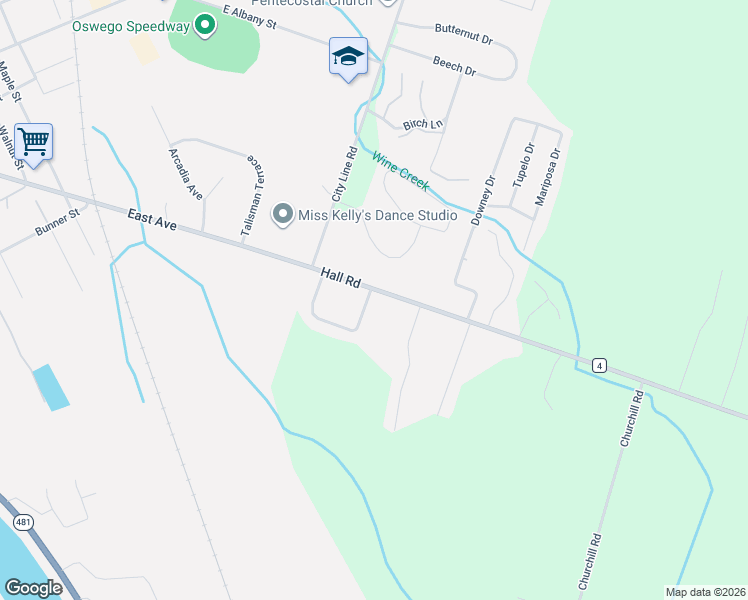 map of restaurants, bars, coffee shops, grocery stores, and more near 4597 Hall Road in Oswego