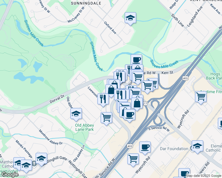 map of restaurants, bars, coffee shops, grocery stores, and more near 1160 Dorval Drive in Oakville