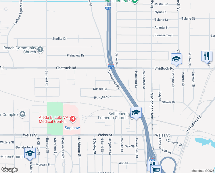 map of restaurants, bars, coffee shops, grocery stores, and more near 2040 Sunset Lane in Saginaw