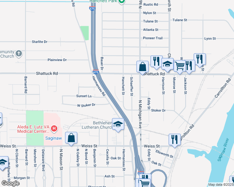 map of restaurants, bars, coffee shops, grocery stores, and more near 3016 Gladwin Street in Saginaw