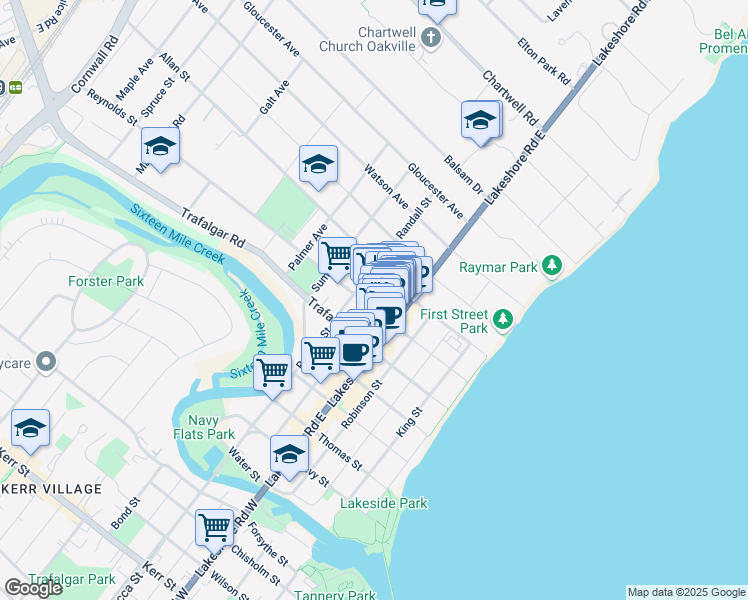 map of restaurants, bars, coffee shops, grocery stores, and more near 323 Church Street in Oakville