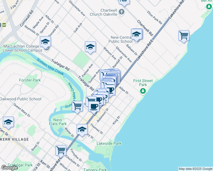map of restaurants, bars, coffee shops, grocery stores, and more near 323 Church Street in Oakville