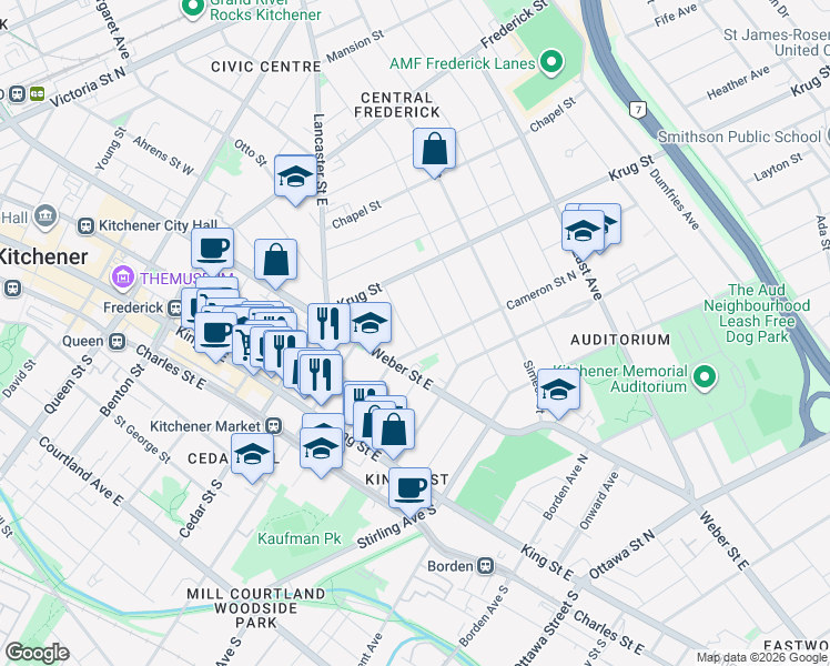 map of restaurants, bars, coffee shops, grocery stores, and more near 36 Rose Street in Kitchener