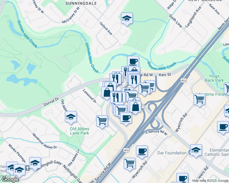 map of restaurants, bars, coffee shops, grocery stores, and more near 247 North Service Road West in Oakville