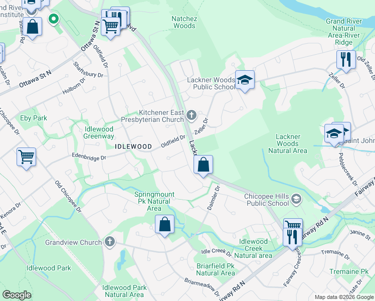 map of restaurants, bars, coffee shops, grocery stores, and more near 112 Michener Crescent in Kitchener