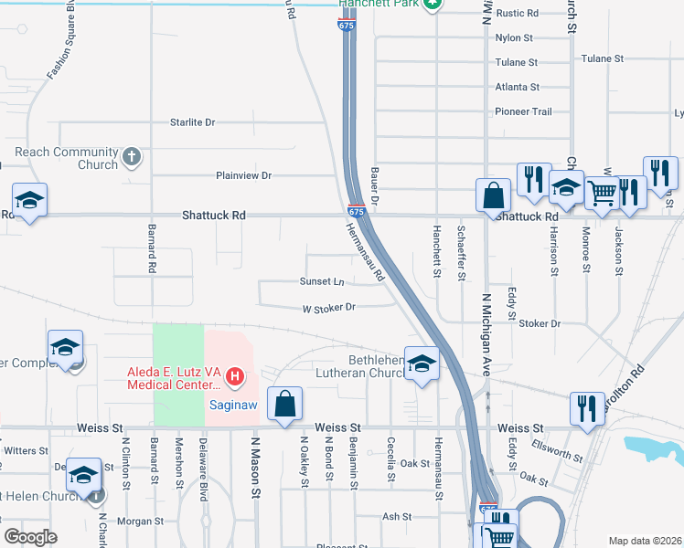 map of restaurants, bars, coffee shops, grocery stores, and more near 2040 Sunset Lane in Saginaw