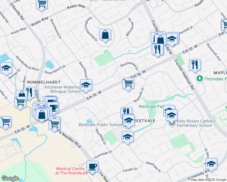 map of restaurants, bars, coffee shops, grocery stores, and more near 524 Heather Hill Place in Waterloo