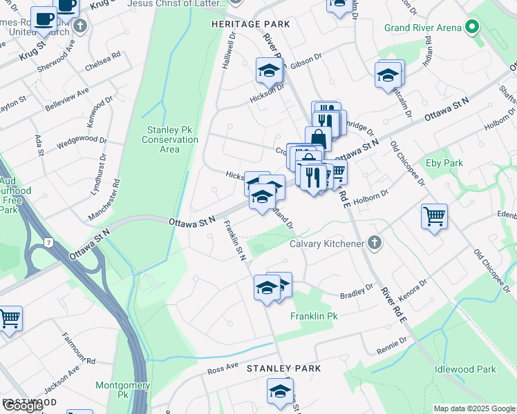 map of restaurants, bars, coffee shops, grocery stores, and more near 39 Midland Drive in Kitchener