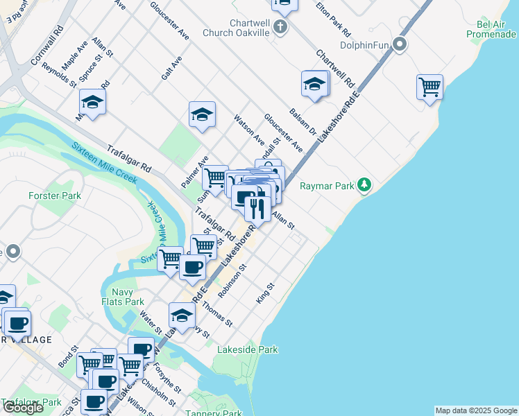 map of restaurants, bars, coffee shops, grocery stores, and more near 345 Lakeshore Road East in Oakville