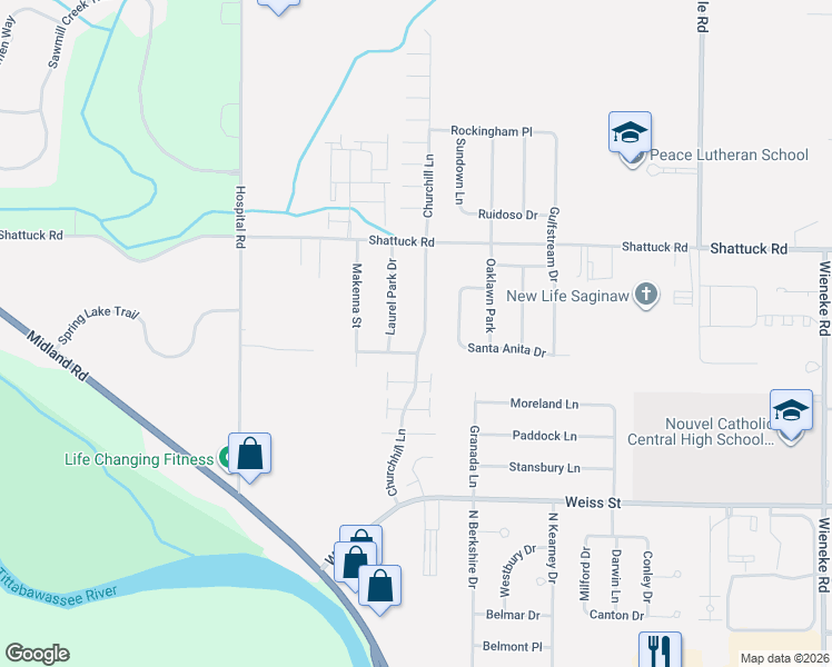 map of restaurants, bars, coffee shops, grocery stores, and more near 2818 Churchhill Lane in Saginaw